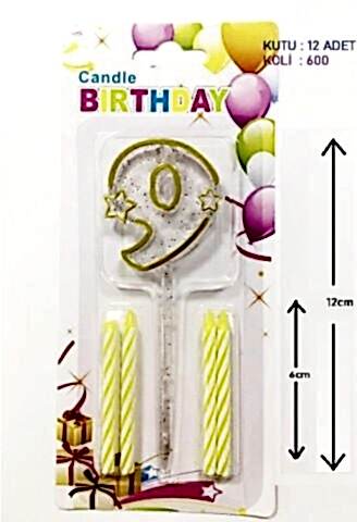 MİKA ŞEFFAF 9 RAKAM GOLD MUM 12CM PK:12 KL:600