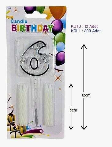 MİKA ŞEFFAF 6 RAKAM GÜMÜŞ MUM 12CM PK:12 KL:600