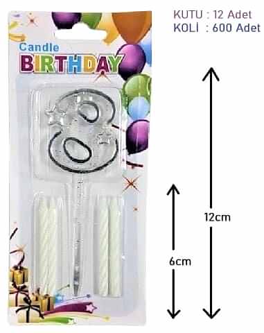 MİKA ŞEFFAF 8 RAKAM GÜMÜŞ MUM 12CM PK:12 KL:600