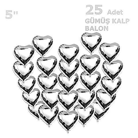 25 KALPLİ 5 İNC KALP GÜMÜŞ SET BALON